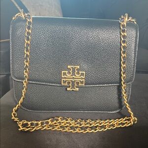 Tory Burch Black Pebbled Leather Crossbody with Gold Chain